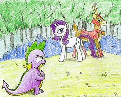 Size: 640x515 | Tagged: safe, artist:el-yeguero, blackthorn, rarity, spike, deer, dragon, pony, unicorn, g4, spoiler:comic, angry, bedroom eyes, butt, female, frown, glare, male, mare, plot, rarithorn, shipping, smiling, traditional art
