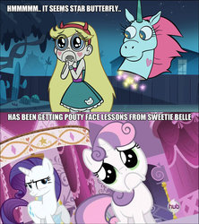 Size: 841x949 | Tagged: source needed, safe, edit, edited screencap, screencap, rarity, sweetie belle, pony, unicorn, g4, sleepless in ponyville, cute, diasweetes, disembodied head, disney, female, filly, image macro, mare, meme, pouting, princess pony head, star butterfly, star vs the forces of evil, text