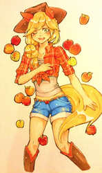 Size: 1836x3110 | Tagged: safe, artist:lucatlula, applejack, human, g4, apple, clothes, eared humanization, female, front knot midriff, humanized, midriff, shorts, solo, tailed humanization, traditional art, wink