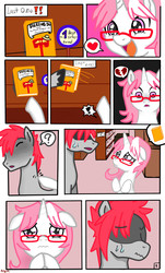 Size: 1024x1700 | Tagged: safe, artist:potzm, oc, oc only, oc:lawyresearch, oc:metalshield, pony, unicorn, comic:lawy comic, book, comic, glasses