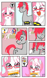 Size: 1024x1700 | Tagged: safe, artist:potzm, oc, oc only, oc:crown heart, oc:lawyresearch, oc:metalshield, pony, unicorn, comic:lawy comic, bits, book, comic, glasses