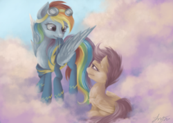 Size: 3508x2480 | Tagged: safe, artist:katyand, rainbow dash, scootaloo, g4, cloud, cloudy, high res, wonderbolts uniform