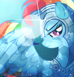 Size: 1763x1820 | Tagged: safe, artist:xwhitedreamsx, rainbow dash, pegasus, pony, g4, armor, crystallized, female, helmet, looking at you, solo