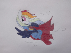 Size: 2048x1536 | Tagged: dead source, safe, artist:php66, rainbow dash, g4, dc comics, flying, solo, superman, traditional art