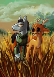Size: 562x800 | Tagged: safe, artist:lis-alis, oc, oc only, deer, earth pony, pony, clothes, floppy ears, frown, grass, raised hoof, shirt, sweater, turtleneck