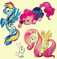 Size: 600x619 | Tagged: safe, artist:lis-alis, angel bunny, fluttershy, pinkie pie, rainbow dash, earth pony, pegasus, pony, g4, female, mare, unamused