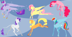 Size: 2496x1276 | Tagged: safe, artist:gabrielleemakatura, applejack, fluttershy, pinkie pie, rainbow dash, rarity, twilight sparkle, alicorn, classical unicorn, pony, g4, female, flat colors, horn, leonine tail, mane six, mare, twilight sparkle (alicorn)