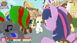 Size: 1596x898 | Tagged: safe, screencap, twilight sparkle, oc, oc:aryanne, oc:milky way, pony, legends of equestria, g4, city, female, game, internet, mare, smiling, town square, walking