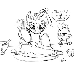 Size: 1280x1067 | Tagged: safe, artist:silfoe, spike, twilight sparkle, alicorn, pony, royal sketchbook, g4, baking, cake, cooking, female, grayscale, magic, mare, monochrome, telekinesis, twilight sparkle (alicorn)