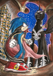 Size: 1632x2312 | Tagged: safe, artist:souleatersaku90, nightmare moon, alicorn, pony, vampire, g4, clothes, commission, costume, crossover, duo, female, male, nightmare night, sonic the hedgehog, sonic the hedgehog (series), traditional art, watercolor painting