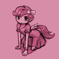 Size: 850x841 | Tagged: dead source, source needed, safe, artist:lumineko, scootaloo, equestria girls, g4, clothes, cute, cutealoo, dress, female, flower, flower in hair, kneeling, looking at you, pink background, ponied up, pony ears, signature, simple background, tailed humanization, winged humanization