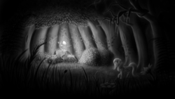 Size: 1608x909 | Tagged: safe, artist:zippysqrl, fluttershy, g4, bush, dark, everfree forest, female, flower, glowing, grayscale, monochrome, plants, rock, saddle bag, solo, tree