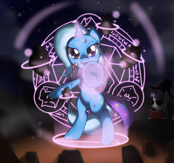 Size: 1440x1350 | Tagged: safe, artist:hoyeechun, maud pie, trixie, earth pony, pony, unicorn, g4, book, cauldron, duo, female, hat, looking at you, magic, magic circle, mare, rock, solo focus, sunglasses, witch hat