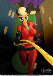 Size: 955x1373 | Tagged: safe, artist:mysticalpha, applejack, mistress marevelous, earth pony, anthro, plantigrade anthro, g4, power ponies (episode), clothes, costume, explicit source, female, freckles, lasso, power ponies, rope, solo