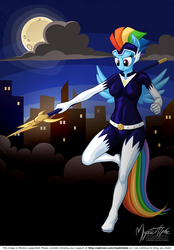 Size: 955x1373 | Tagged: safe, artist:mysticalpha, rainbow dash, zapp, anthro, plantigrade anthro, g4, power ponies (episode), clothes, cloud, cloudy, costume, explicit source, female, moon, night, power ponies, solo, staff