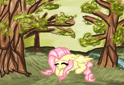 Size: 745x509 | Tagged: safe, fluttershy, g4, cute, female, mouse drawing, nature, peaceful, portrait, scenery, sleeping, solo