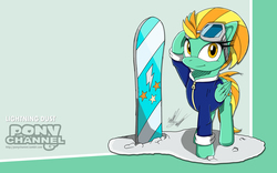 Size: 1920x1200 | Tagged: safe, artist:fuzon-s, lightning dust, g4, clothes, crossover, female, goggles, jacket, pony channel, raised hoof, sketch, smiling, snow, snowboard, solo, sonic channel, sonic the hedgehog (series), style emulation, wallpaper, yuji uekawa style