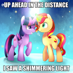 Size: 554x550 | Tagged: safe, artist:sion-ara, sunset shimmer, twilight sparkle, alicorn, pony, unicorn, female, grin, horns are touching, hotel california, image macro, lesbian, magic, mare, meme, name pun, pun, raised hoof, shimmering light, shipping, smiling, song in the comments, song reference, sunsetsparkle, the eagles, twilight sparkle (alicorn), wink