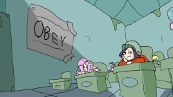 Size: 640x360 | Tagged: safe, artist:thetitan99, applejack, derpy hooves, fluttershy, normal norman, pinkie pie, equestria girls, g4, animated, background human, beanie, classroom, clock, clothes, hat, invader zim, no nose, obey, open mouth, parody, pointing, shrunken pupils, youtube link