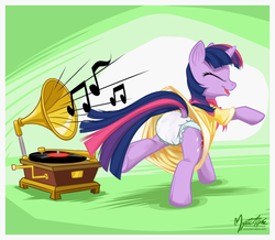Size: 1032x899 | Tagged: safe, artist:mysticalpha, edit, twilight sparkle, g4, sweet and elite, birthday dress, butt, clothes, dancing, diaper, diaper edit, dock, dress, female, gramophone, music, non-baby in diaper, plot, poofy diaper, solo