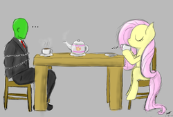 Size: 1146x773 | Tagged: safe, artist:megajack, fluttershy, oc, oc:anon, human, pegasus, pony, g4, chained, duo, human and pony, tea, tea party, teacup, teapot