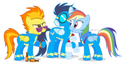 Size: 1000x520 | Tagged: safe, artist:dm29, rainbow dash, soarin', spitfire, g4, goggles, hot sauce, simple background, sunglasses, this will end in diarrhea, this will end in pain, transparent background, trio, water bottle, wonderbolts, wonderbolts uniform