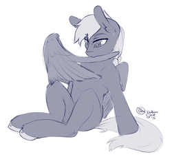 Size: 2562x2340 | Tagged: safe, artist:northernsprint, oc, oc only, oc:windswept skies, pegasus, pony, braid, high res, male, monochrome, preening, simple background, solo, stallion, white background, wings