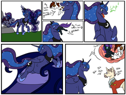 Size: 1454x1096 | Tagged: safe, artist:dragga, kibitz, pipsqueak, princess luna, oc, oc:nyx, alicorn, pony, unicorn, g4, backside gobbling, belly, bored, burp, butt, colt, colt prey, comic, dialogue, female, fetish, filly, filly prey, internal, lunapred, male, mare, multiple prey, open mouth, plot, stallion, swallowing, throat bulge, tongue out, vore, willing vore