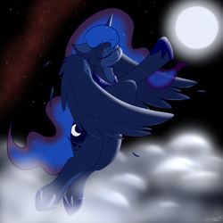 Size: 1280x1280 | Tagged: safe, artist:php199, princess luna, g4, cloud, cloudy, eyes closed, female, flying, moon, solo