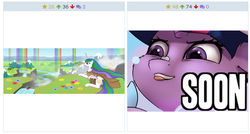 Size: 646x347 | Tagged: safe, princess celestia, twilight sparkle, derpibooru, g4, exploitable meme, juxtaposition, juxtaposition win, meme, meta