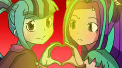 Size: 300x168 | Tagged: safe, artist:pichayaporn, aria blaze, sonata dusk, equestria girls, g4, heart, sweatdrop