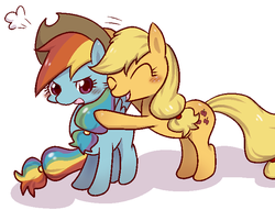 Size: 681x521 | Tagged: safe, artist:achakura, applejack, rainbow dash, g4, accessory swap, alternate hairstyle, cowboy hat, female, hat, lesbian, ponytail, ship:appledash, shipping, stetson