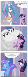 Size: 1024x2770 | Tagged: safe, artist:otakuap edit, princess celestia, trixie, twilight sparkle, alicorn, pony, g4, celestia's true form, character to character, comic, dialogue, exploitable meme, female, mare, meme, pony to pony, poof, scrunchy face, speech bubble, transformation, true form, twilight sparkle (alicorn)