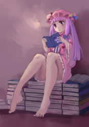 Size: 1000x1419 | Tagged: safe, artist:looooofa, twilight sparkle, human, original species, youkai, barefoot, barely pony related, clothes, crossover, feet, patchouli knowledge, pixiv, skirt, toes, touhou, twichouli, upskirt denied