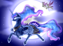 Size: 868x637 | Tagged: safe, artist:twilightmeep, princess luna, bat pony, pony, g4, flying, moon, night guard, rainbow power, rainbow power-ified