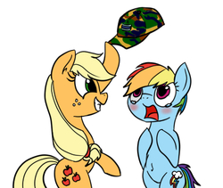 Size: 450x380 | Tagged: safe, artist:mingy.h, applejack, rainbow dash, g4, baseball cap, camouflage, hat, pure unfiltered evil, short hair