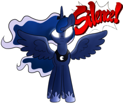 Size: 5800x4900 | Tagged: safe, artist:thealjavis, princess luna, g4, absurd resolution, ace attorney, female, glowing eyes, looking at you, silence, simon blackquill, simple background, solo, spread wings, transparent background