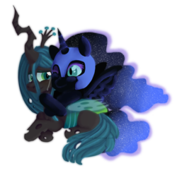 Size: 2084x2039 | Tagged: dead source, safe, artist:littleovertures, nightmare moon, queen chrysalis, alicorn, changeling, changeling queen, pony, g4, crying, female, high res, hug, lesbian, prone, ship:chrysmoon, shipping, simple background, transparent background