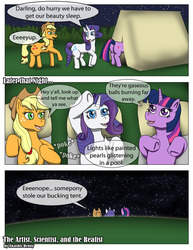 Size: 976x1267 | Tagged: safe, artist:sword-of-akasha, applejack, rarity, twilight sparkle, g4, camping, comic, darling, night, tent