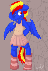 Size: 1280x1902 | Tagged: safe, artist:hoof34, oc, oc only, oc:draco flames, pony, bipedal, clothes, crossdressing, skirt, socks, solo, striped socks