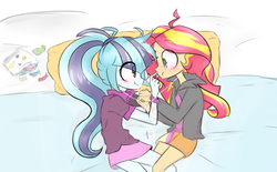 Size: 1280x792 | Tagged: safe, artist:jankrys00, sonata dusk, sunset shimmer, equestria girls, g4, :t, bed, blushing, boop, candy, cute, daaaaaaaaaaaw, duo, eating, eye contact, feeding, female, headphones, ipod, lesbian, on side, sharing headphones, ship:sunata, shipping, smiling, wide eyes