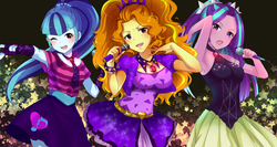 Size: 1500x800 | Tagged: safe, artist:weiliy, adagio dazzle, aria blaze, sonata dusk, equestria girls, g4, my little pony equestria girls: rainbow rocks, armpits, pixiv, the dazzlings