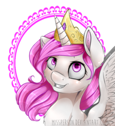 Size: 450x491 | Tagged: safe, artist:missperson, princess celestia, g4, cewestia, chest fluff, female, filly, grin, looking up, portrait, solo