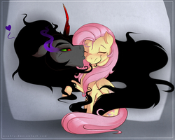 Size: 1000x800 | Tagged: safe, artist:evehly, fluttershy, king sombra, pegasus, pony, unicorn, g4, cheek kiss, colored horn, curved horn, disembodied head, eyes closed, female, heart, horn, kissing, male, mare, ship:sombrashy, shipping, sombra eyes, sombra horn, stallion, straight
