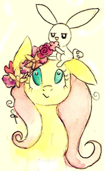 Size: 406x666 | Tagged: safe, artist:chiuuchiuu, angel bunny, fluttershy, g4, floral head wreath, traditional art, watercolor painting