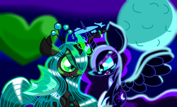 Size: 1600x970 | Tagged: safe, artist:lovehtf421, nightmare moon, queen chrysalis, alicorn, changeling, changeling queen, pony, g4, fangs, female, fight, impossibly large ears, spread wings