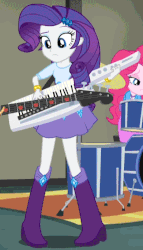 Size: 391x683 | Tagged: safe, screencap, applejack, pinkie pie, rarity, equestria girls, g4, my little pony equestria girls: rainbow rocks, animated, bass guitar, bedroom eyes, boots, bracelet, clothes, cymbals, drum kit, drums, female, high heel boots, jewelry, keytar, loop, musical instrument, skirt, solo focus