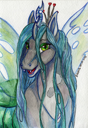 Size: 1100x1600 | Tagged: dead source, safe, artist:amber-wind, queen chrysalis, changeling, changeling queen, g4, female, looking at you, solo, traditional art
