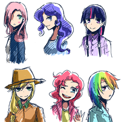 Size: 1024x1024 | Tagged: dead source, safe, artist:shirokeshi, applejack, fluttershy, pinkie pie, rainbow dash, rarity, twilight sparkle, human, g4, humanized, mane six, pixiv