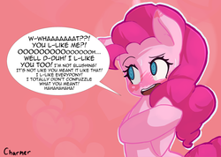 Size: 1920x1364 | Tagged: safe, artist:acharmingpony, pinkie pie, earth pony, pony, g4, bipedal, blushing, cute, dialogue, diapinkes, ear blush, embarrassed, female, heart, nervous laugh, no pupils, solo, speech bubble, sweat, tsundere